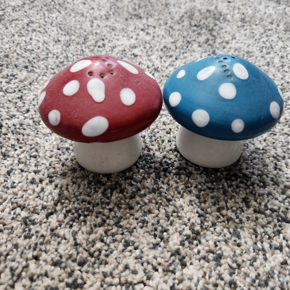 Mushroom Shaped Salt and Pepper Shakers - Red and Blue